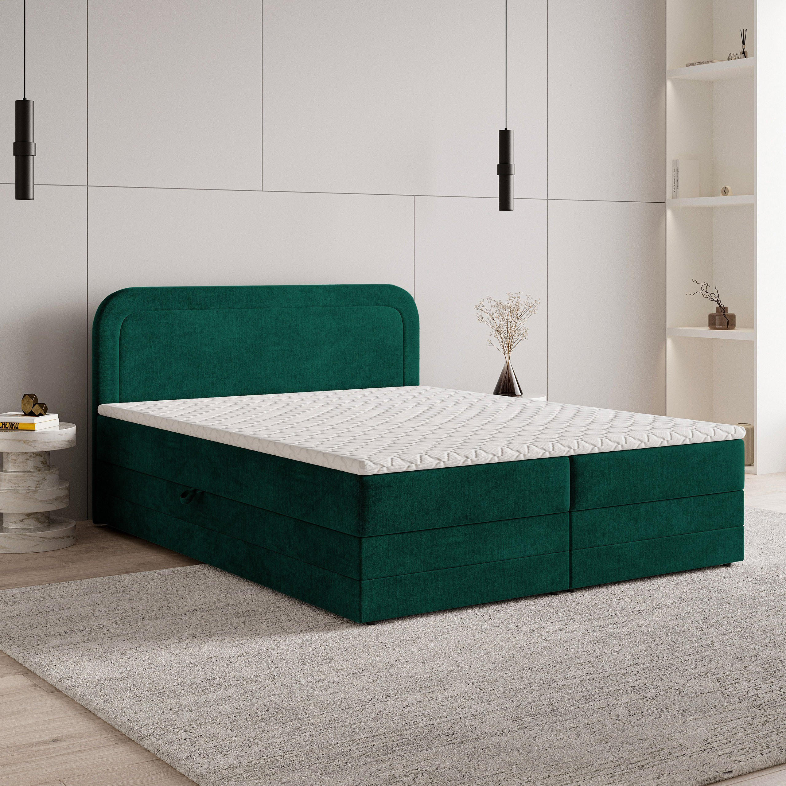 BOXBETT ARMEL 160x200 cm mit Matratze und Topper - Grün - Grün, Holz (160/200cm) - MASSENO