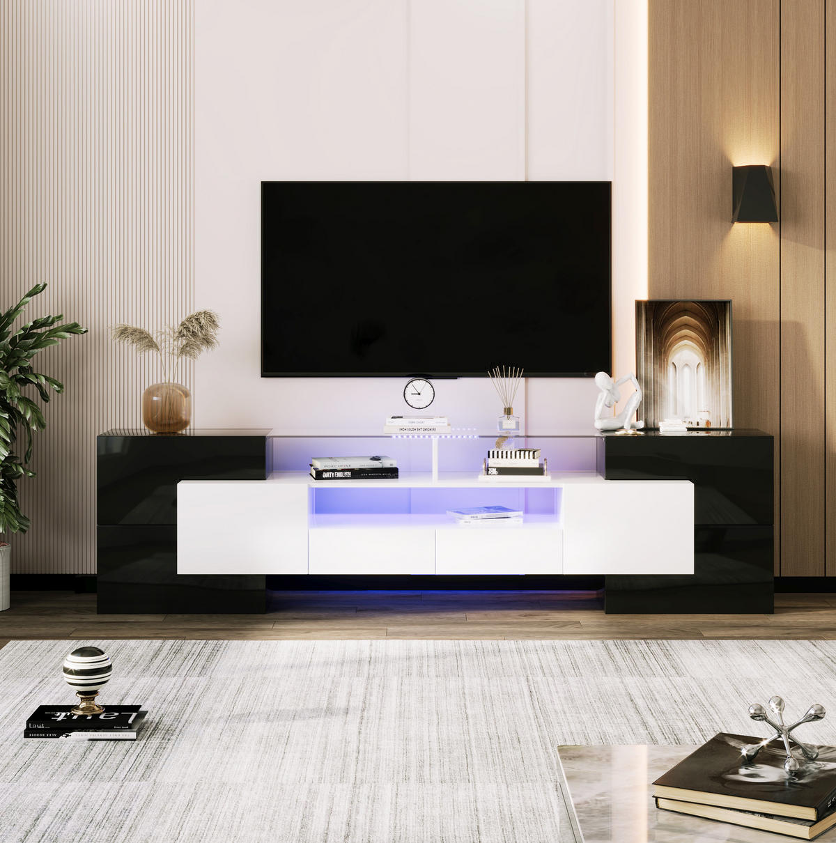 TV stolek 200/35/60 cm s LED osvětlením, vysoký lesk, skleněná plocha a úložný prostor, Černá a bílá - černá, kompozitní dřevo (200/60/35cm) - Redom