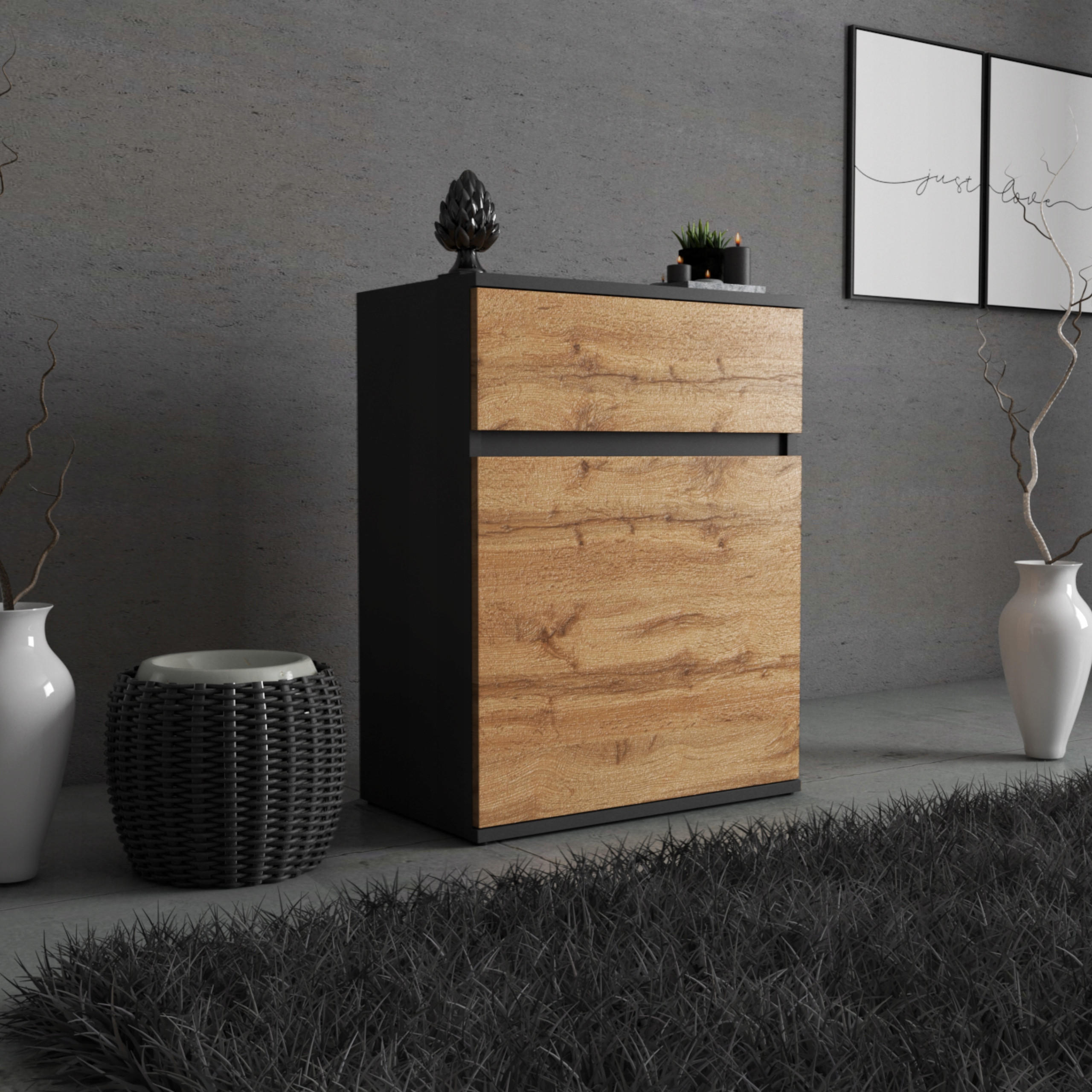 KOMMODE MIT SCHUBLADE – SCHWARZ WOTAN - Eiche Wotan/Schwarz, Holz (60/78/35cm) - Stiv Meble