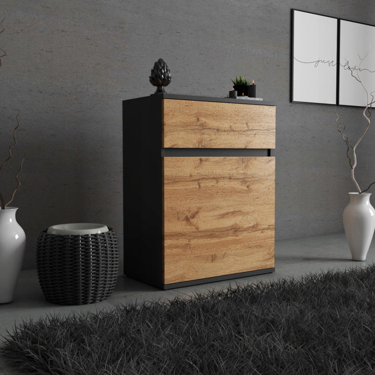KOMMODE MIT SCHUBLADE – SCHWARZ WOTAN - Eiche Wotan/Schwarz, Holz (60/78/35cm) - Stiv Meble