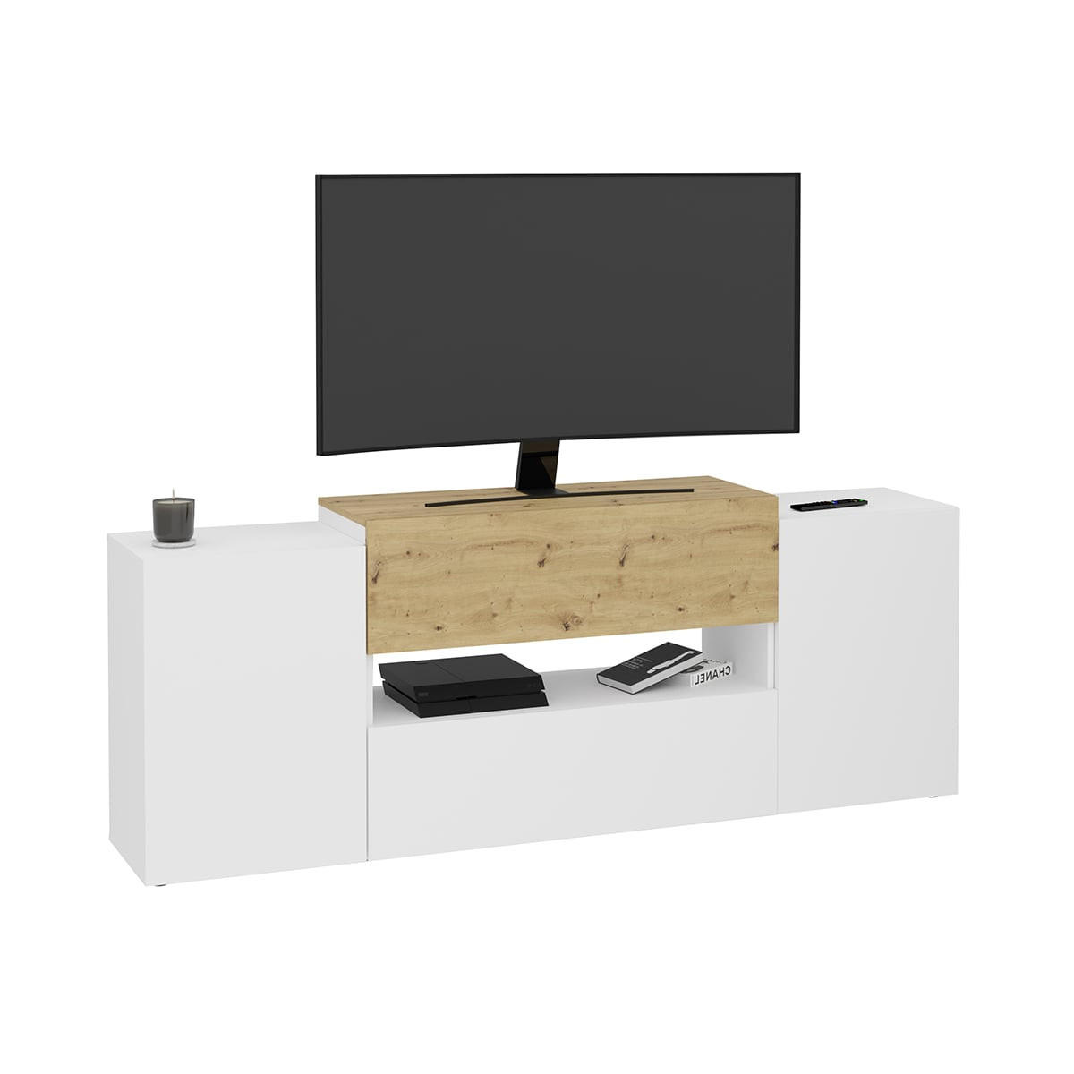 TV-MÖBEL mit 2 Türen und 2 Schubladen, weiß glänzend und Eiche Olpe - L182 cm - Weiß Hochglanz, Holzwerkstoff (33/70/182cm) - Calicosy
