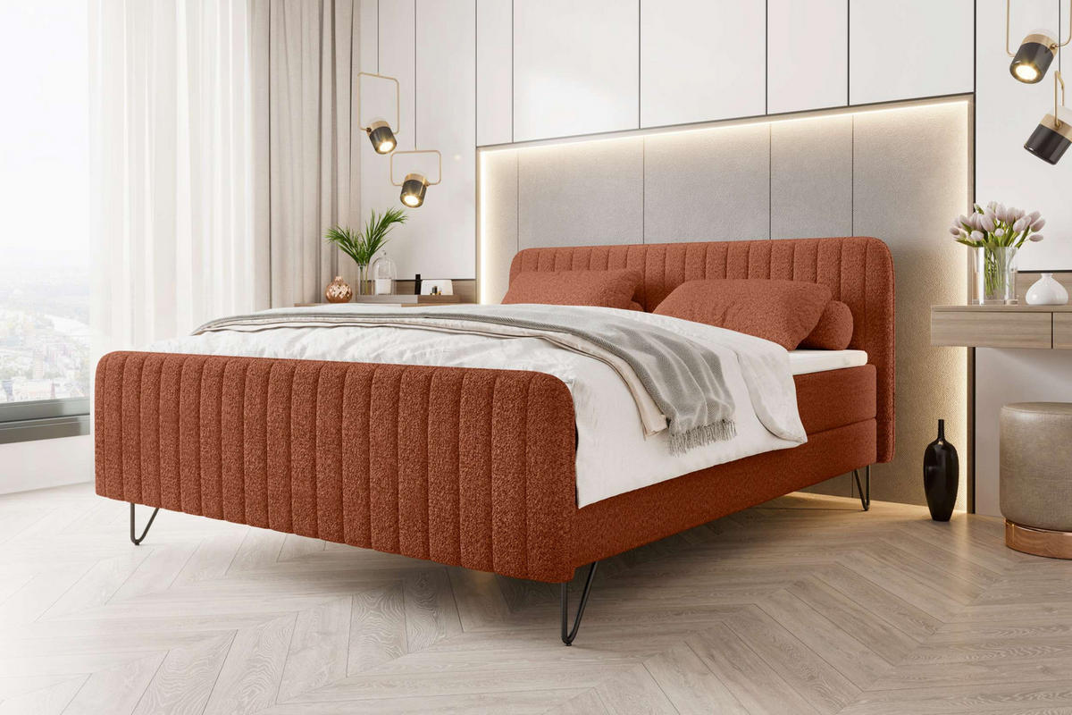 BOXSPRINGBETT LUCIO Bouclé-Stoff Terracotta 160/200 cm - Terracotta/Schwarz, Textil/Metall (160/200cm) - 99rooms