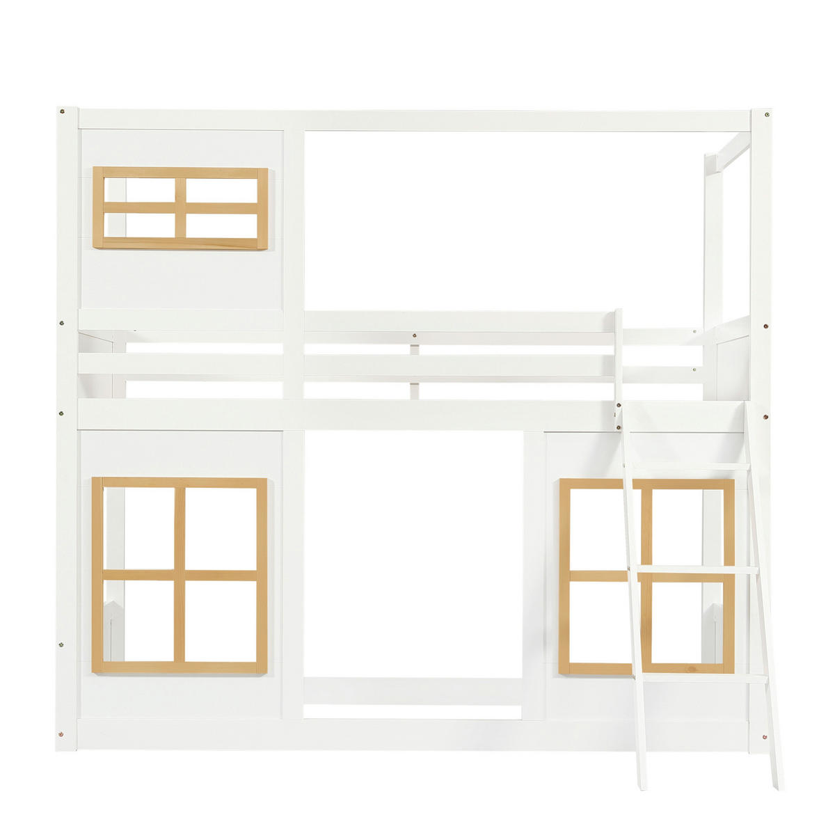 ETAGENBETT 90/200 cm in Weiß/Natur mit Fenstern und Rundumschutz - Weiß, Holz (90/200cm) - BEAOK