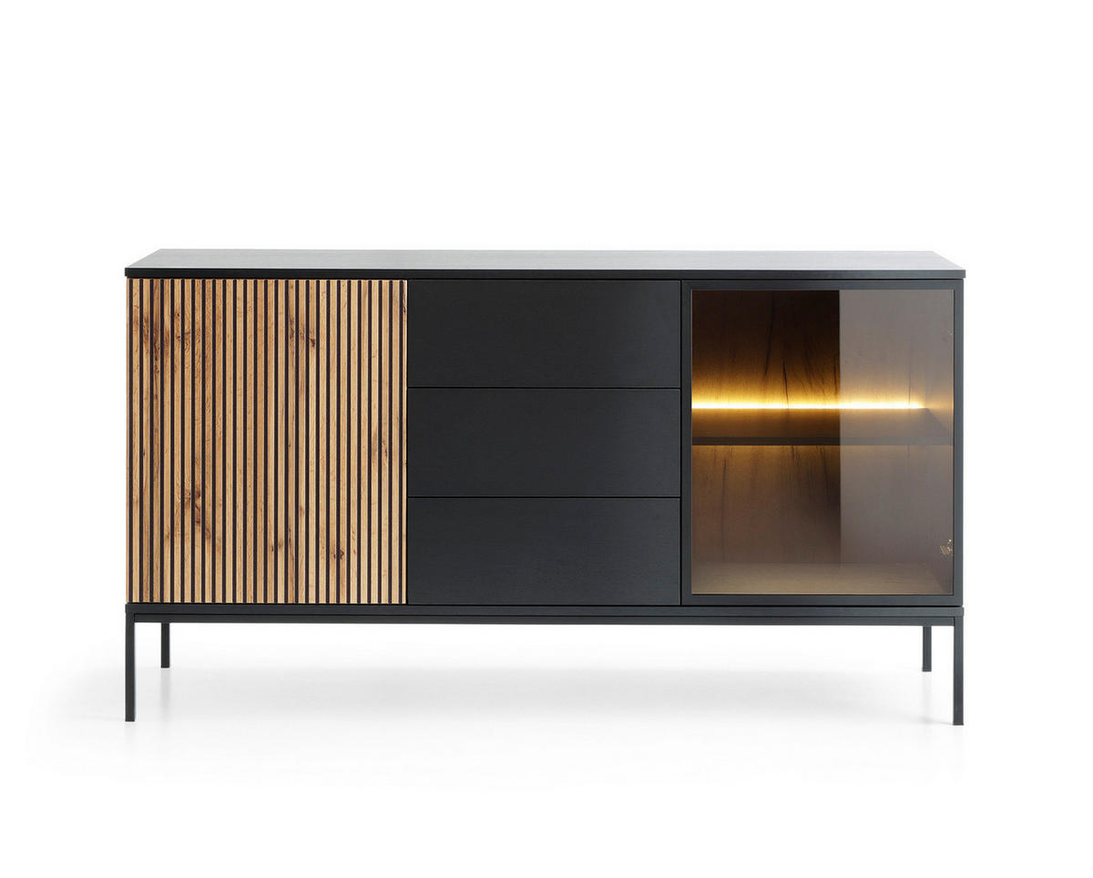 KOMMODE Lagos 154 cm mit drei Schubladen Schwarz und Wotan Eiche - Eiche Wotan/Schwarz, Holzwerkstoff/Metall (154/83/39cm) - Ravio