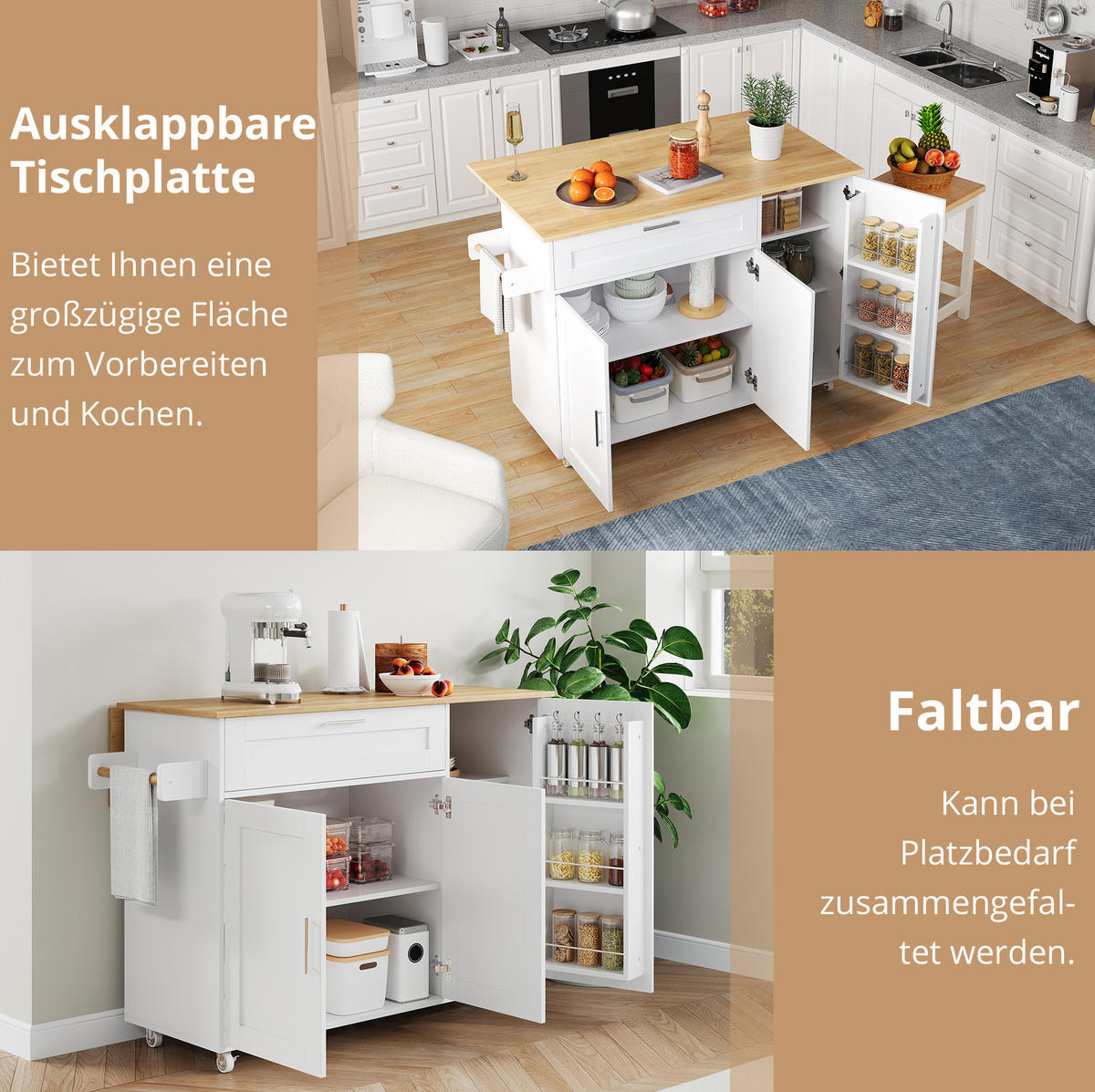 KÜCHENINSEL 132,5/44(70)/90 cm aus MDF mit klappbarer Arbeitsplatte Weiß/Naturfarben - Weiß, Holzwerkstoff (132.5/90/70cm) - Modenvie