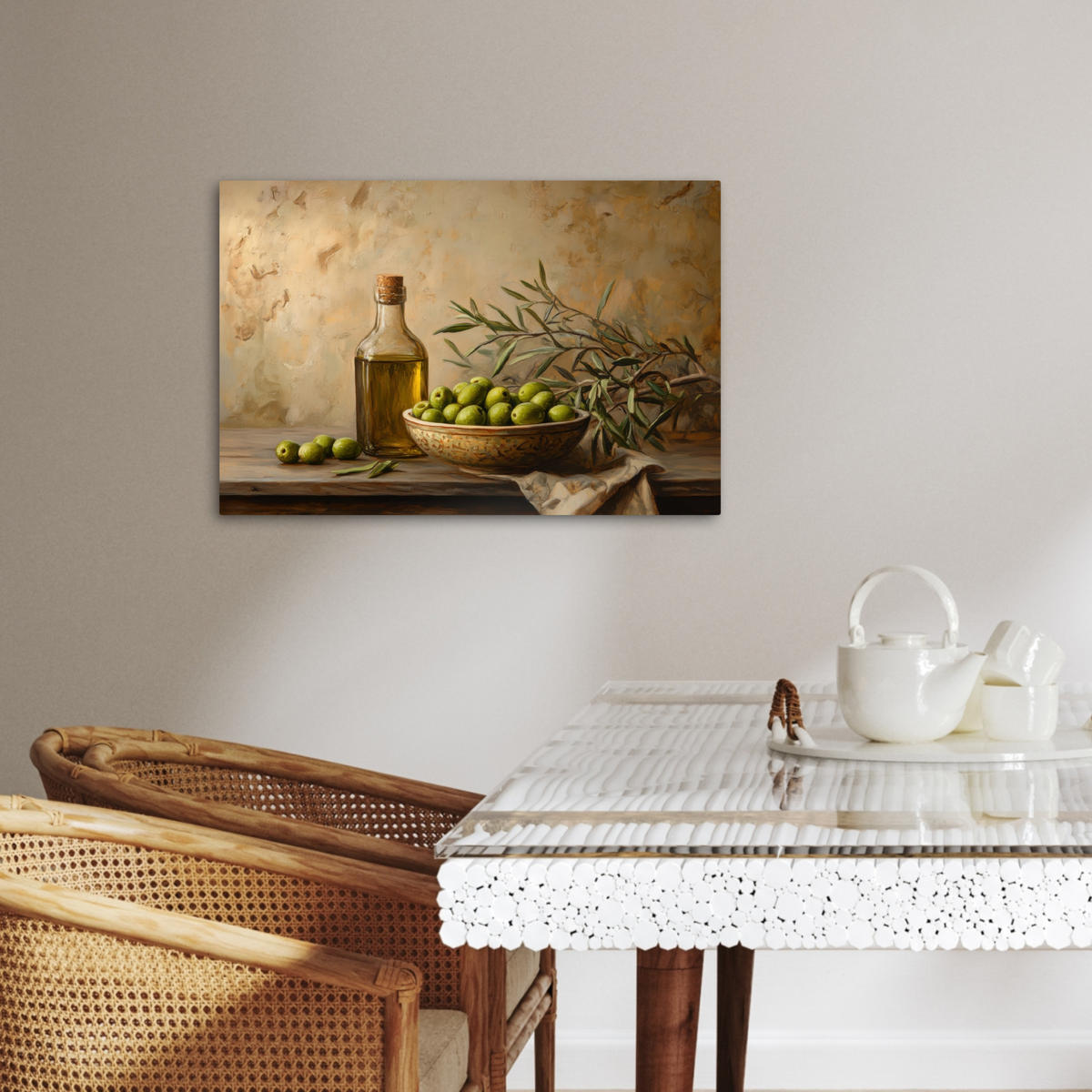 LEINWANDBILD Oliven - Stilleben - Vintage Gemälde 60x40 cm - Olivgrün, Textil (60/40cm) - MuchoWow