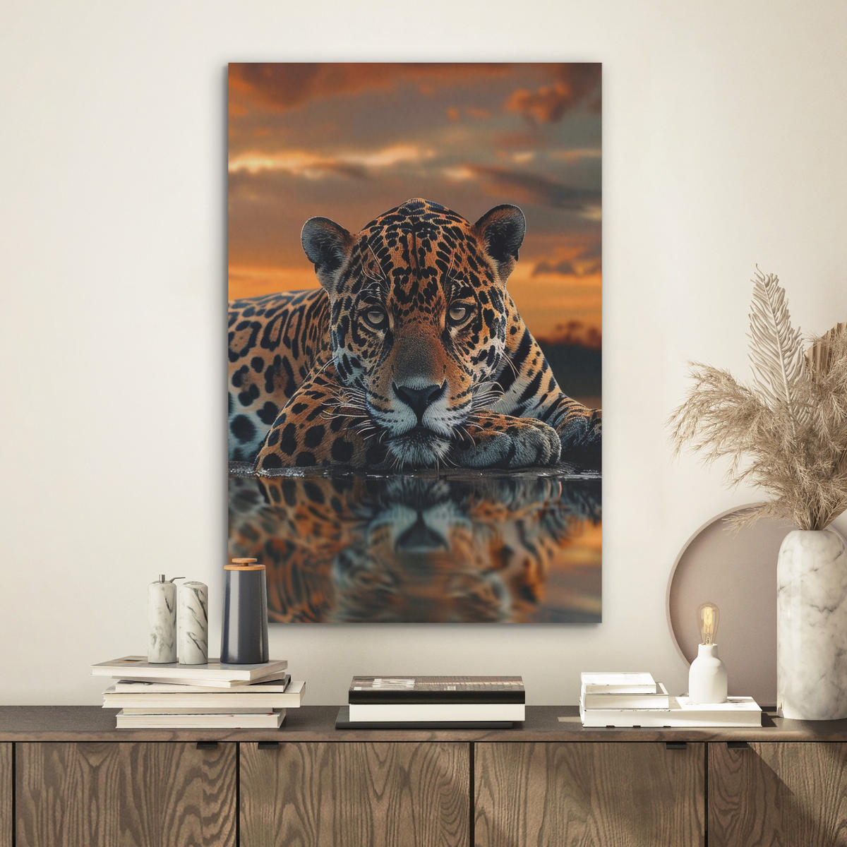 AKUSTIKBILD Natur - Leopard - Tier - Sonnenuntergang - Modern Kunstdruck Schlafzimmer 50x70 cm - Orange, Kunststoff (50/70/0.9cm) - MuchoWow