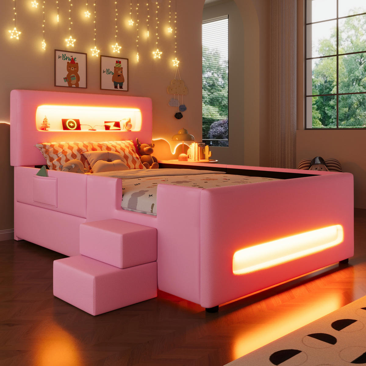 BETT mit Schublade und LED 90x200 cm PU Rosa - Pink, Holzwerkstoff (90/200cm) - Beauniv