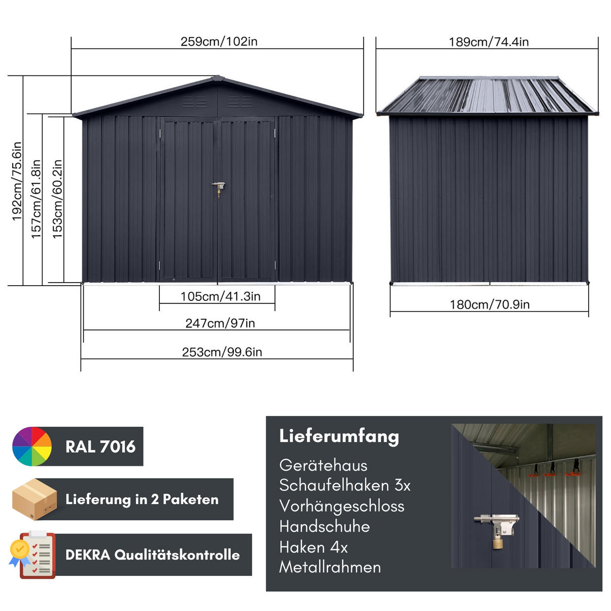 GERÄTEHAUS XL - Anthrazit, Metall (241/192/171cm) - Albatros