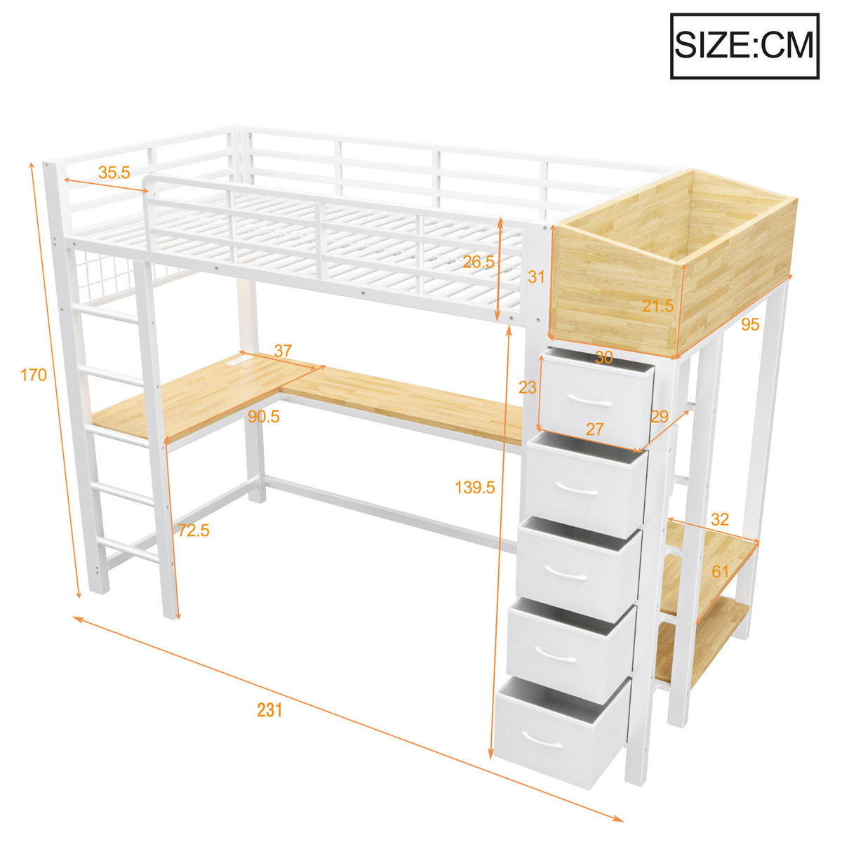 HOCHBETT 90x200cm Metall Schreibtisch LED USB Weiß - Weiß, Metall (90/200cm) - FLIEKS