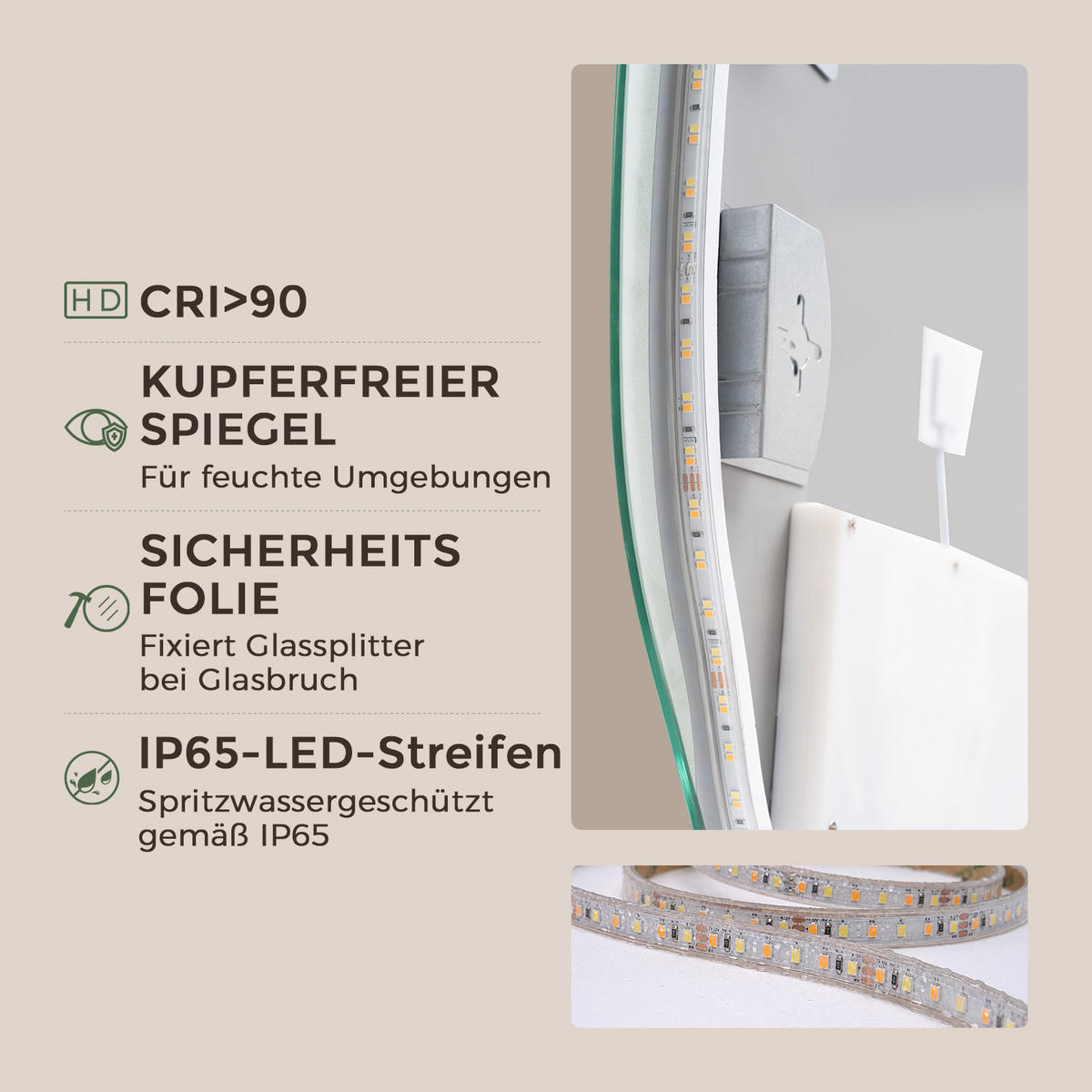BADSPIEGEL mit Beleuchtung 48/72 cm asymmetrisch rahmenlos LED dimmbar mit Antibeschlag - Transparent, Glas (72/48/2.5cm) - S'AFIELINA