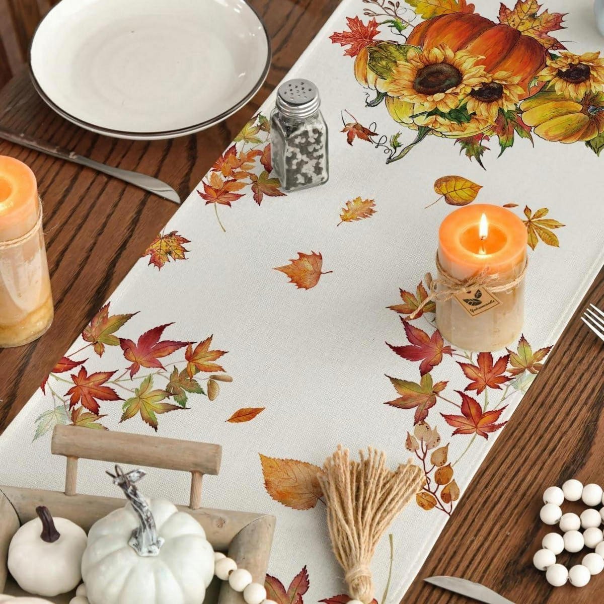 TISCHLÄUFER Herbstmotiv Kürbisse Sonnenblumen 40 x 300 cm Orange/Beige - Creme, Textil (300/40/1.5cm)