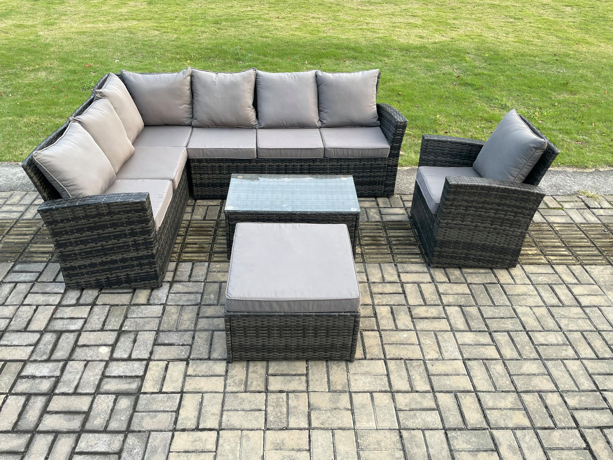 LOUNGEMÖBEL-SETS mit Couchtisch Sofa Polyrattan Dunkelgrau 8-Sitzer - Dunkelgrau/Grau, Glas/Kunststoff - Fimous