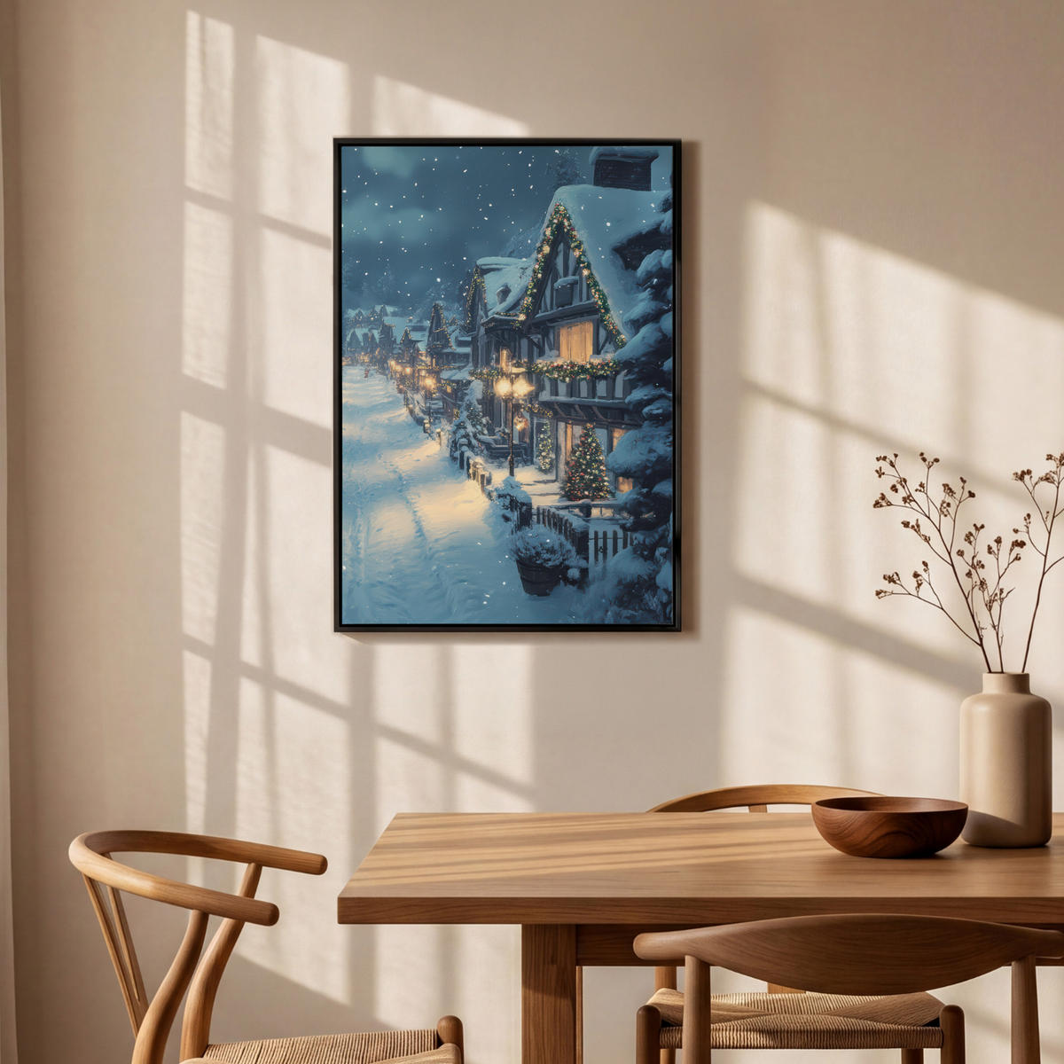 LEINWAND Bilder mit Rahmen - Weihnachtsdorf - Weihnachten - Schnee - Winter - 60x90 - Dunkelblau, Textil (60/90cm) - MuchoWow