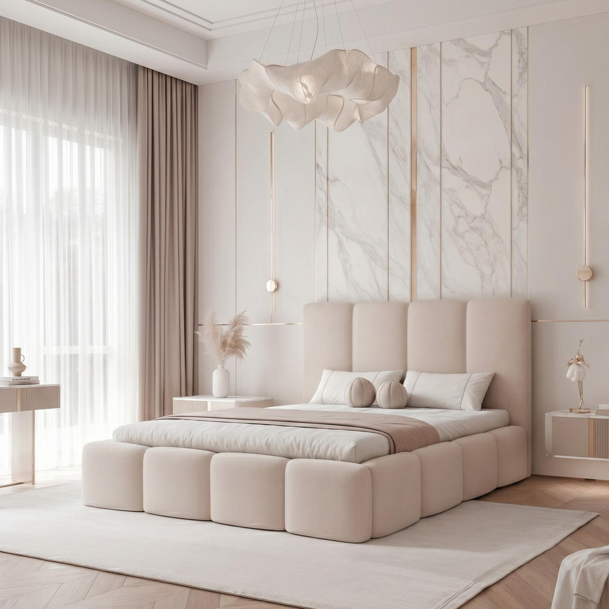 POLSTERBETT LANDARE 200x200 cm Kühles Beige Samt (Stoff Jasmine) - mit Bettkasten und Lattenrost - Beige, Holzwerkstoff/Textil (200/200cm) - Ravio