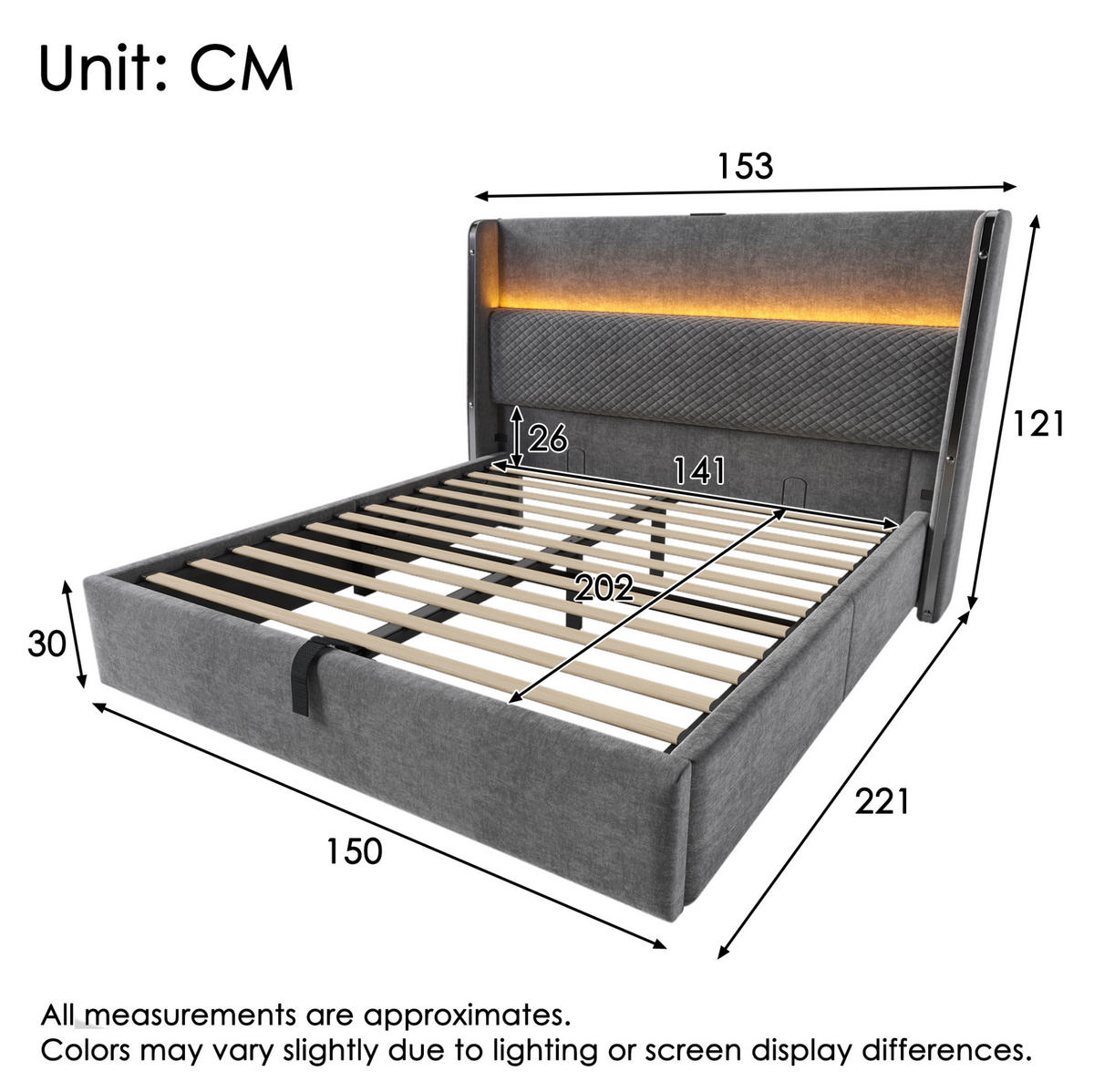 POLSTERBETT 140/200 cm mit LED-Beleuchtung, USB- und Type-C-Anschluss, hydraulischem Stauraum und Matratze, Grau - Grau, Textil (140/200cm) - Redom
