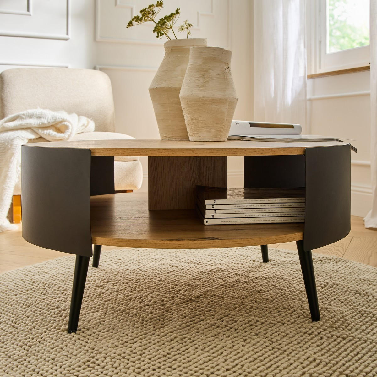 COUCHTISCH mit 2 Ebenen und schwarzen Metallseiten eklo 80/39/80 cm - Eichefarben, Holzwerkstoff (89/80/39cm) - Calicosy