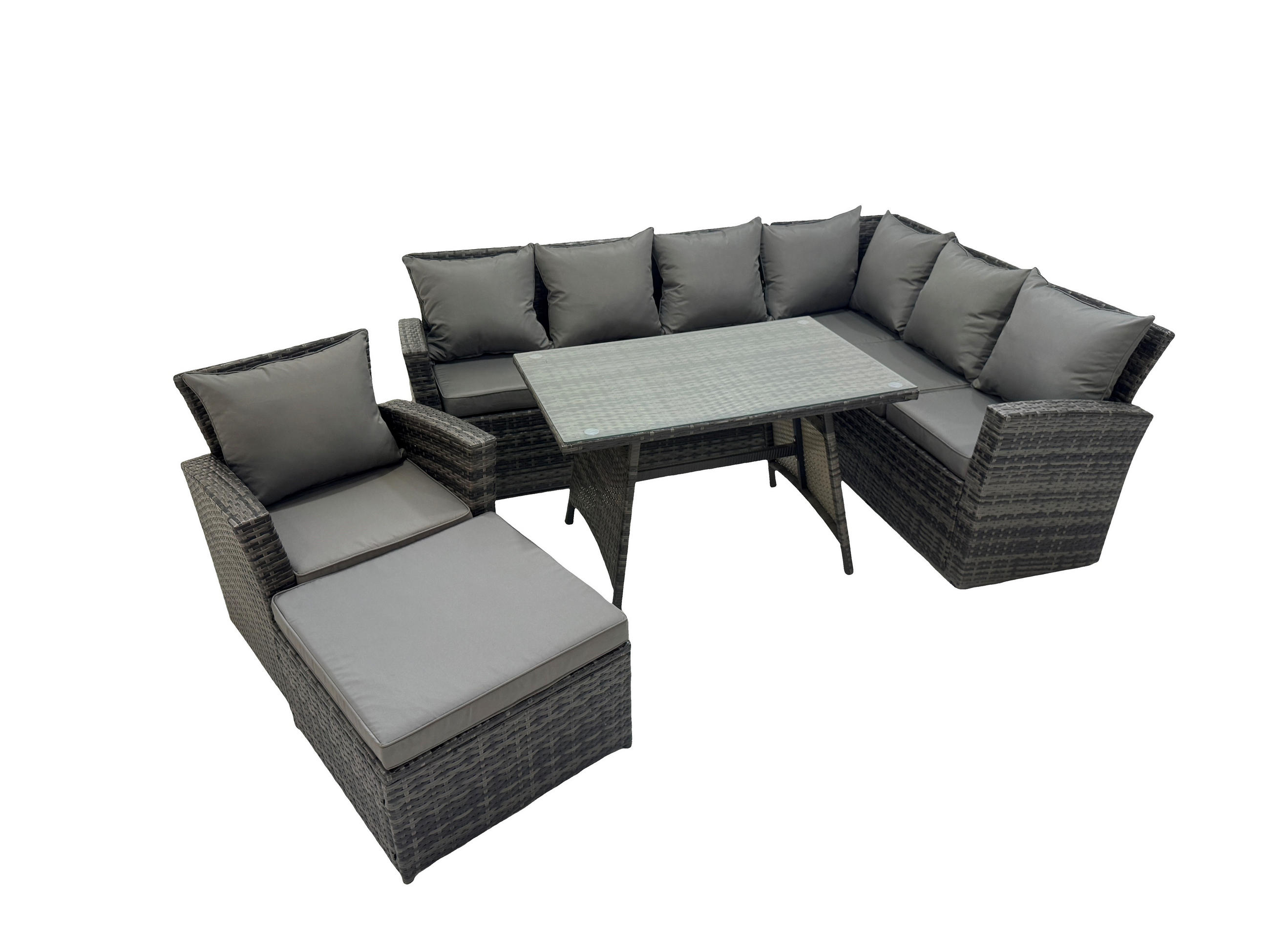 LOUNGEMÖBEL-SETS mit Esstisch Sofa Polyrattan Dunkelgrau 8-Sitzer - Dunkelgrau/Grau, Glas/Kunststoff - Fimous