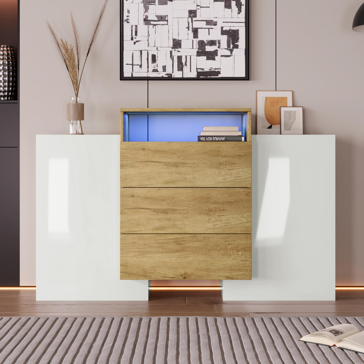 KOMODA z MDF, 140/30/77,5 cm bílá a přírodní, s LED osvětlením - přírodní, kompozitní dřevo (140/77/30cm) - BEAOK