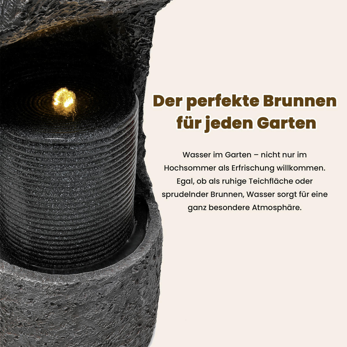 GARTENBRUNNEN, LED-Beleuchtung, Kunststein, Wasserspiel, Grau - Grau, Naturmaterialien (34.5/34.5/100.5cm) - FLIEKS