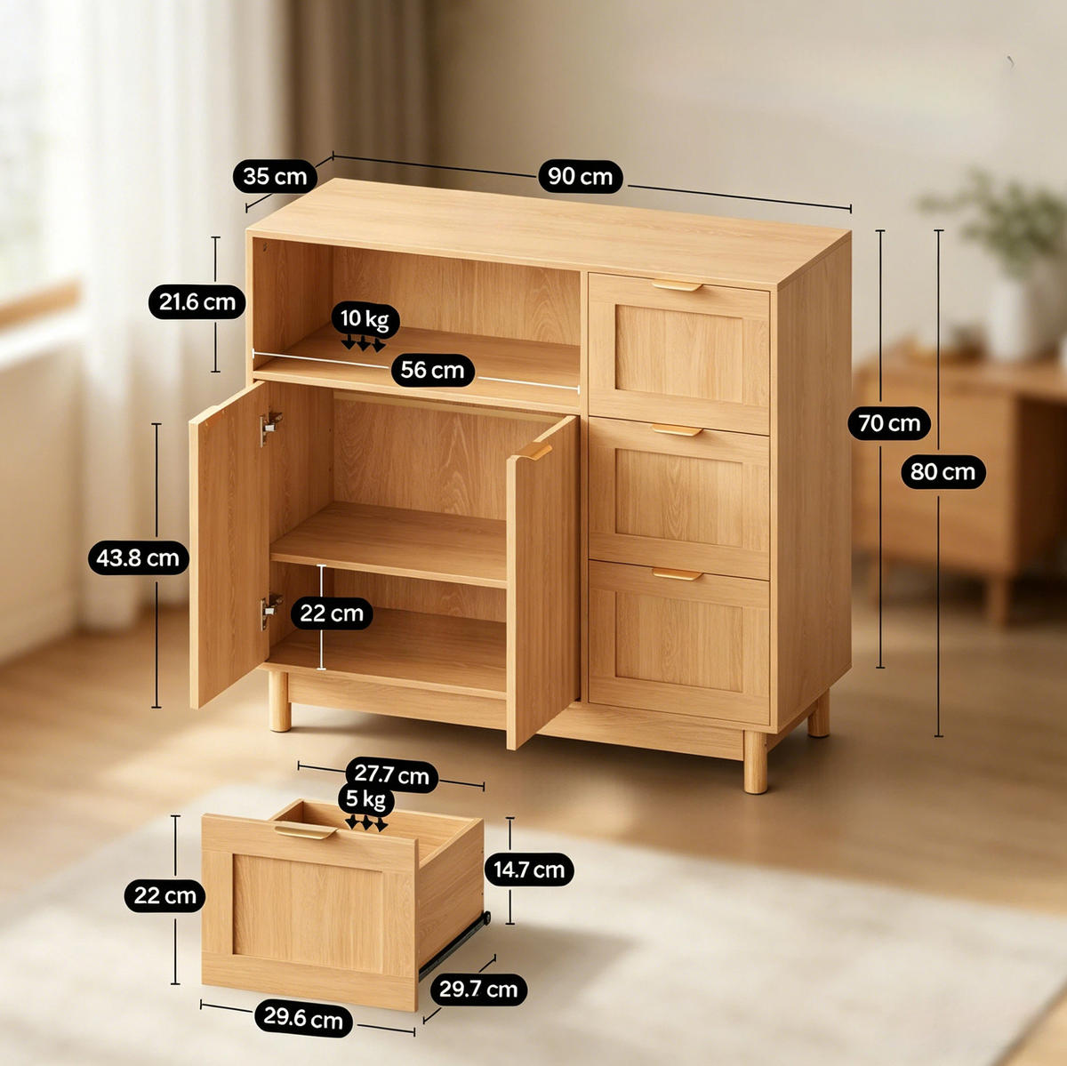 SIDEBOARD 90/35/80 cm Holz aus MDF und Spanplatte mit Stauraum - Eichefarben, Holzwerkstoff (35/80/90cm) - OKWISH