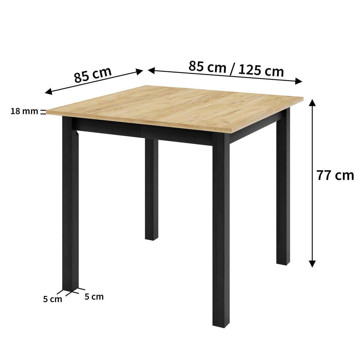 ESSTISCH MARCO P Ausziehbar 85 - 125 / 85 x 77 cm - Schwarz/Grau, Holz (85/85/77cm) - MASSENO