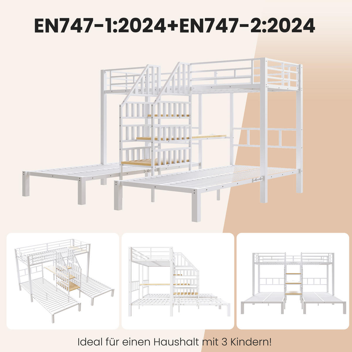 ETAGENBETT 90/200 cm in Weiß mit LED, USB, Steckdose, Schreibtisch und Regal - Weiß, Holzwerkstoff/Metall (90/200cm) - STILVORA