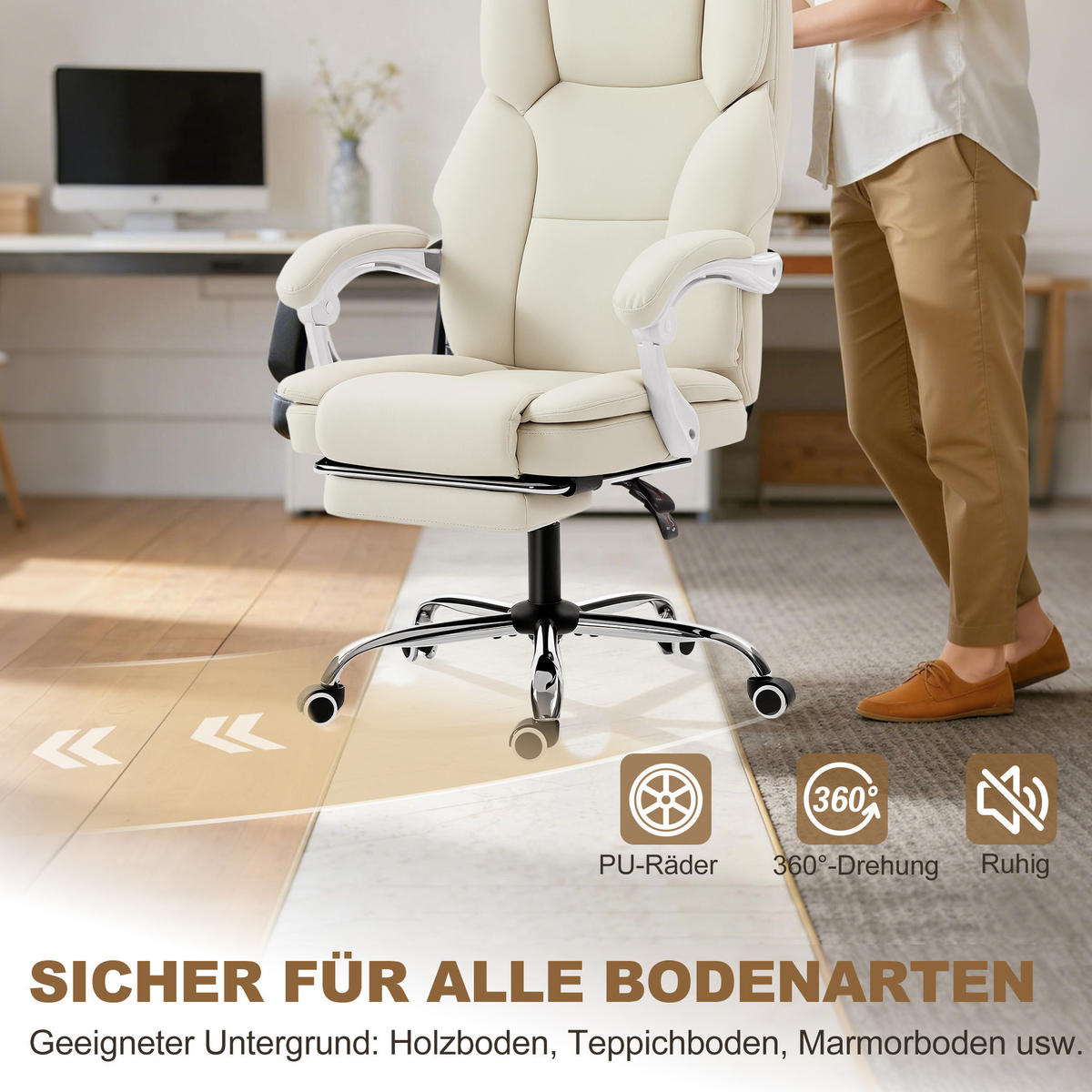 BÜROSTUHL mit Liegefunktion, höhenverstellbar Drehstuhl mit Fußstütze Beige - Beige/Silberfarben, Holzwerkstoff/Kunststoff (64/120/73cm) - HOMCOM