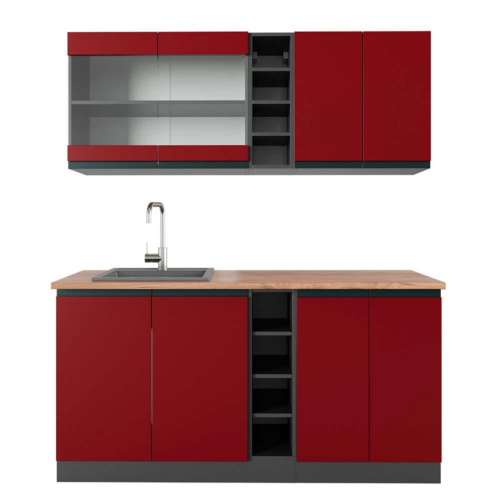 SINGLEKÜCHE R-Line Rot/Anthrazit 160 cm, AP Eiche - Anthrazit/Rot, Holzwerkstoff (160/81.6/60cm) - Vicco