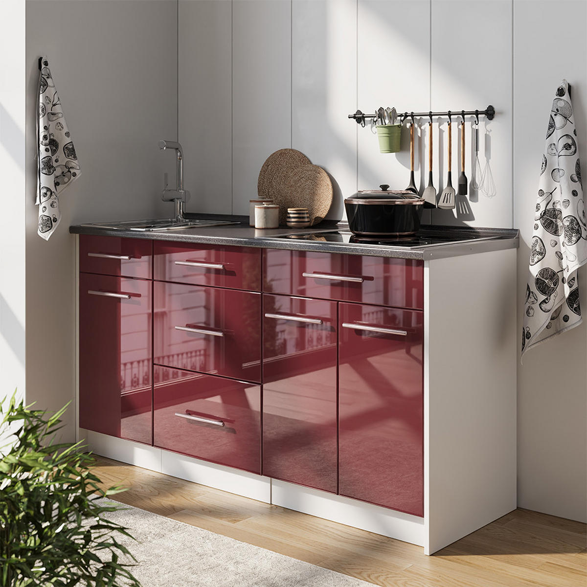 KUHINJSKI BLOK Fame-Line, Bordo rdeča barva visokega sijaja/Bela, 150 cm brez delovne plošče - bela/bordo, leseni material (150/81.2/51.6cm) - Vicco