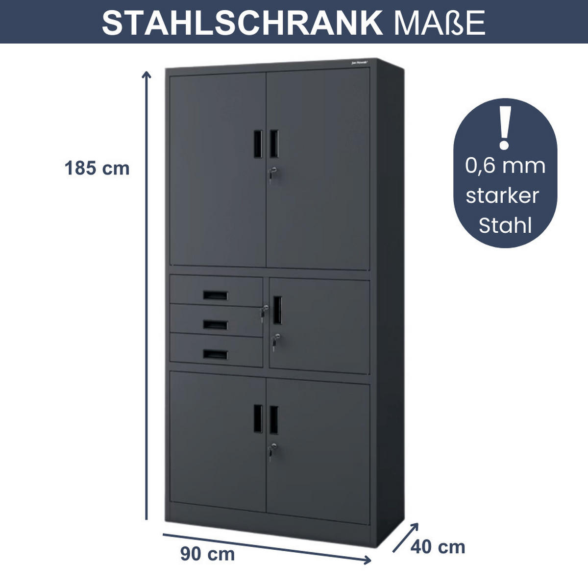 AKTENSCHRANK abschließbar GEDO mit Tresor 185x90x40cm Anthrazit - Anthrazit, Metall (90/185/40cm) - DELUKE