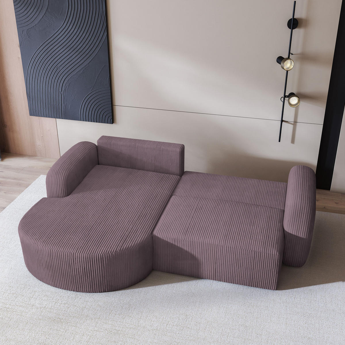 ECKSOFA AMILIA P L-S Lila Kordstoff mit Schlaffunktion - Lila, Holz (263/174cm) - MASSENO