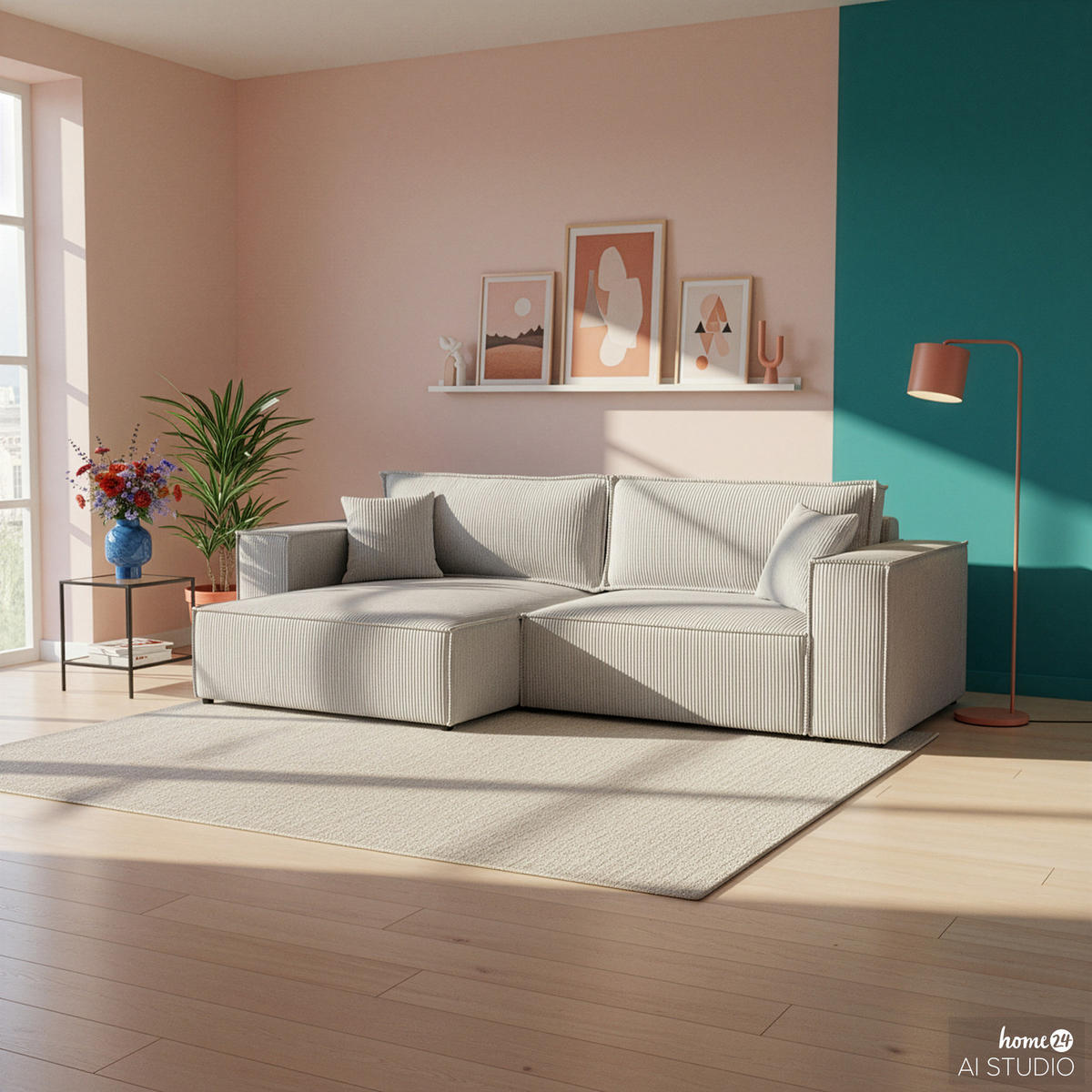 ECKSOFA mit Schlaffunktion - 255 cm - Hellgrau/Schwarz, Kunststoff/Textil (255/148cm) - home24