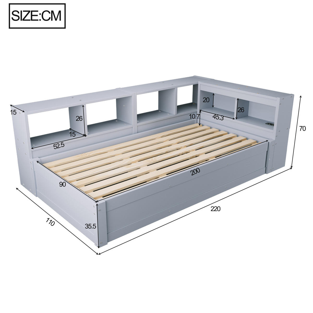 BETT 90/200 cm aus MDF mit LED und Stauraum, Grau - Grau, Holzwerkstoff (90/200cm) - OKMYHOME