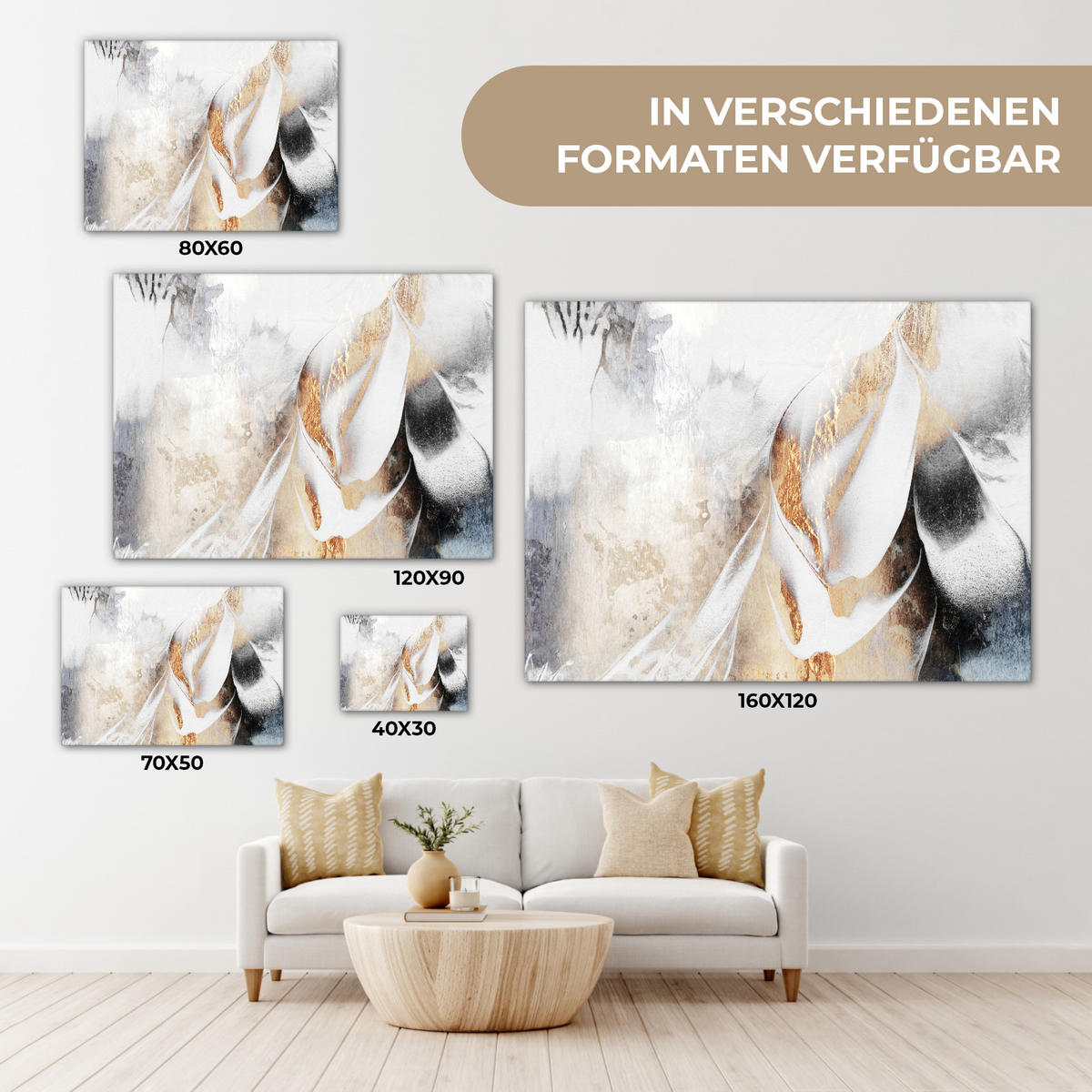 LEINWANDBILD Luxus - Abstrakt - Gold - Weiß Wandbilder 80x60 cm - Goldfarben, Textil (80/60cm) - MuchoWow