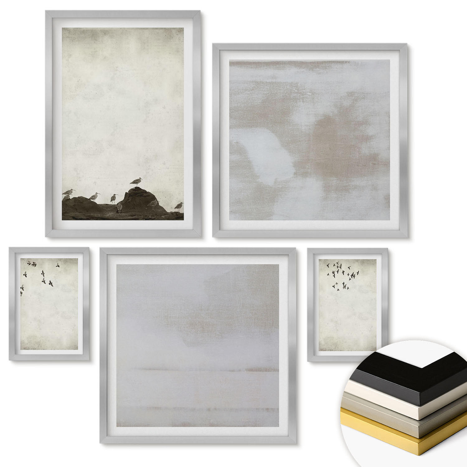 WANDBILDER 5er Set - 50x50 cm & 20x30 cm & 40x60 cm Silberner Rahmen - Textur eines Vogelschwarms - Silberfarben, Kunststoff (40/60cm) - ArtPrintCave