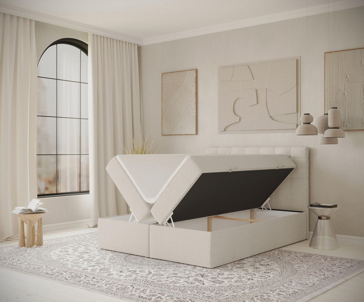 BOXBETT Sansa Beige 120/200 cm mit Taschenmatratze und Topper - Beige/Schwarz, Holz/Holzwerkstoff (120/200cm) - Maison de Reve