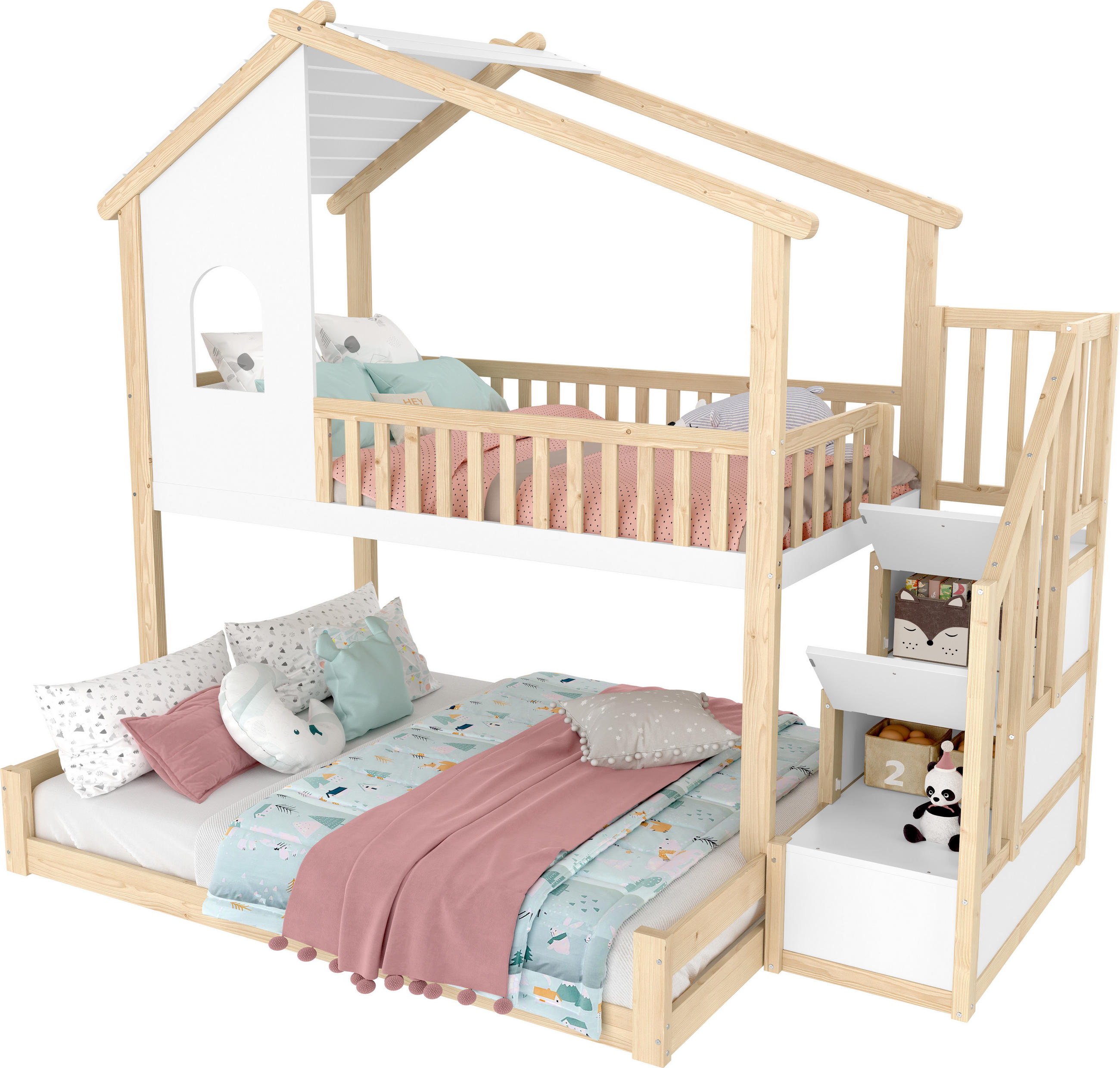 STILVORA PALANDA 90/200 cm & 140/200 cm, přírodní & bílá, s úložným žebříkem, zábranou, domečkový design