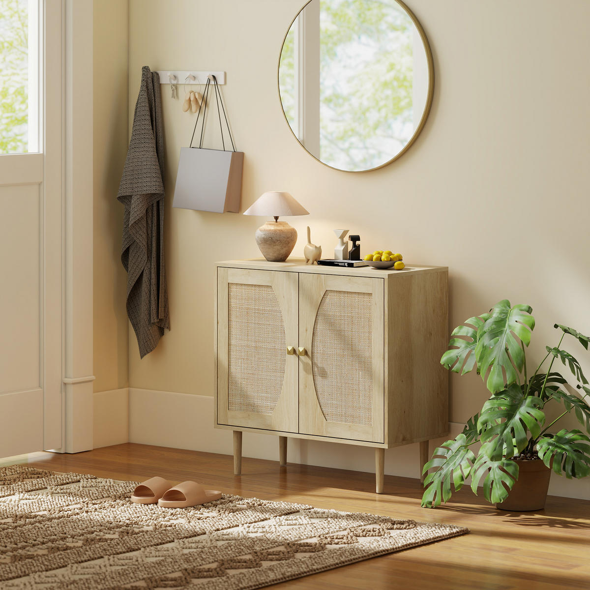 SIDEBOARD DE-11247 2 Türen mit Rattan-Front Naturholz - Naturfarben, Holzwerkstoff (80/79/38cm) - ComfortXL