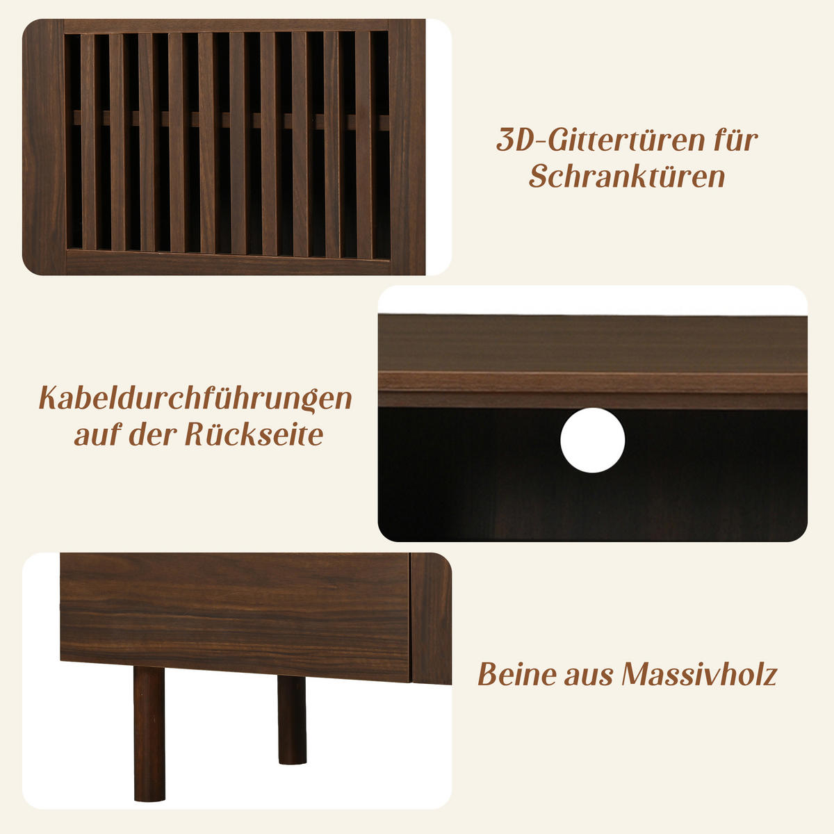TV komoda 180/40/51 cm s rešetkastim vratima i ladicama u izgledu orahova drva - boje oraha/prirodne boje, drvni materijal (180/51/40cm) - CHICFURN