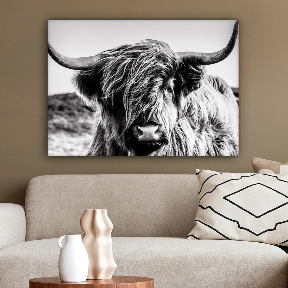 LEINWANDBILD Kuh - Schottischer Hochländer - Schwarz - Weiß - Tier - Natur - Wildtiere Wandbilder 80x60 cm - Schwarz, Textil (80/60cm) - MuchoWow