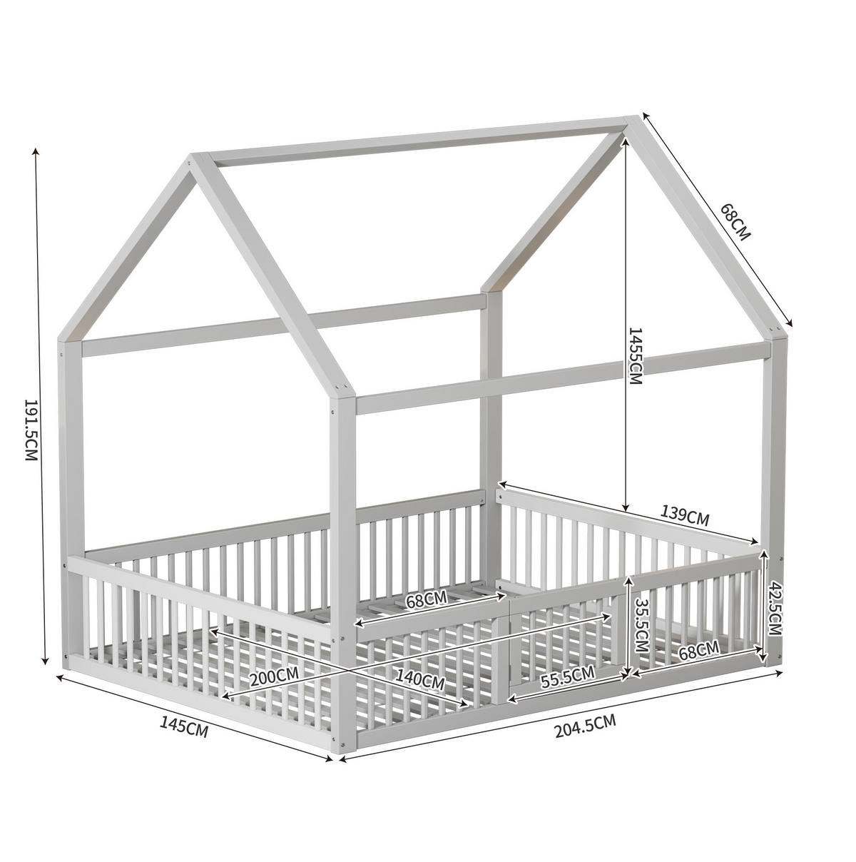 HAUSBETT aus Kiefer und MDF 140x200 cm Weiß mit Rundum-Sicherheitsgitter und Tür im Hausbett-Design - Weiß, Holzwerkstoff (140/200cm) - Modfu