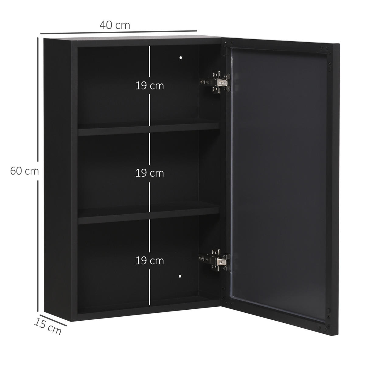 BADEZIMMERSPIEGELSCHRANK 40x15x60 cm Schwarz mit Spiegeln & weichen Scharnieren - Schwarz, Metall (40/60/15cm) - Modfu