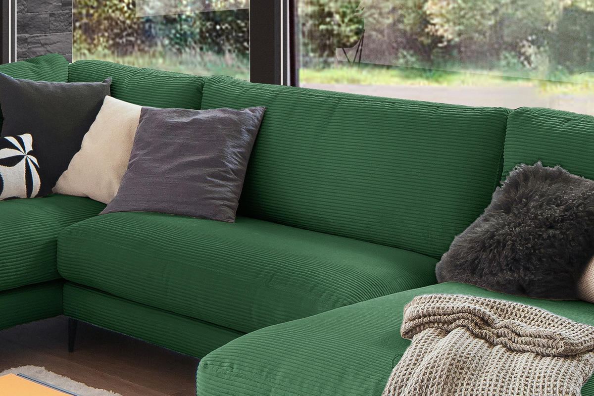 WOHNLANDSCHAFT CARA Smaragdgrün Cord - Smaragdgrün/Schwarz, Textil (341/84/223cm) - KAWOLA