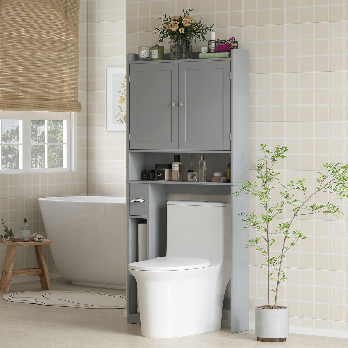 BADEZIMMERREGAL DE-15933 mit Toilettenpapierhalter Grau - Grau, Holzwerkstoff (19.5/170/80cm) - ComfortXL
