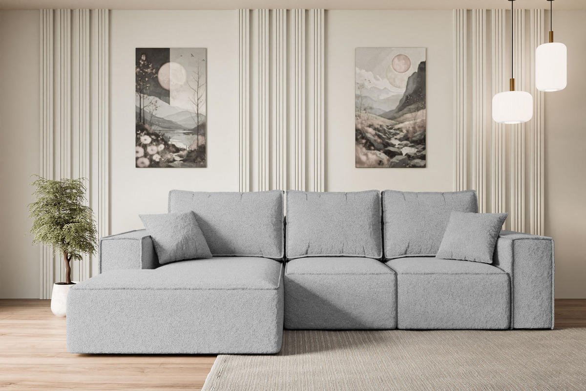 ECKSOFA mit Schlaffunktion und Bettkasten SERRA-L-S - 266x161x87 cm Hellgrau Bouclé - Hellgrau/Schwarz, Holzwerkstoff/Kunststoff (266/161cm) - ALTDECOR
