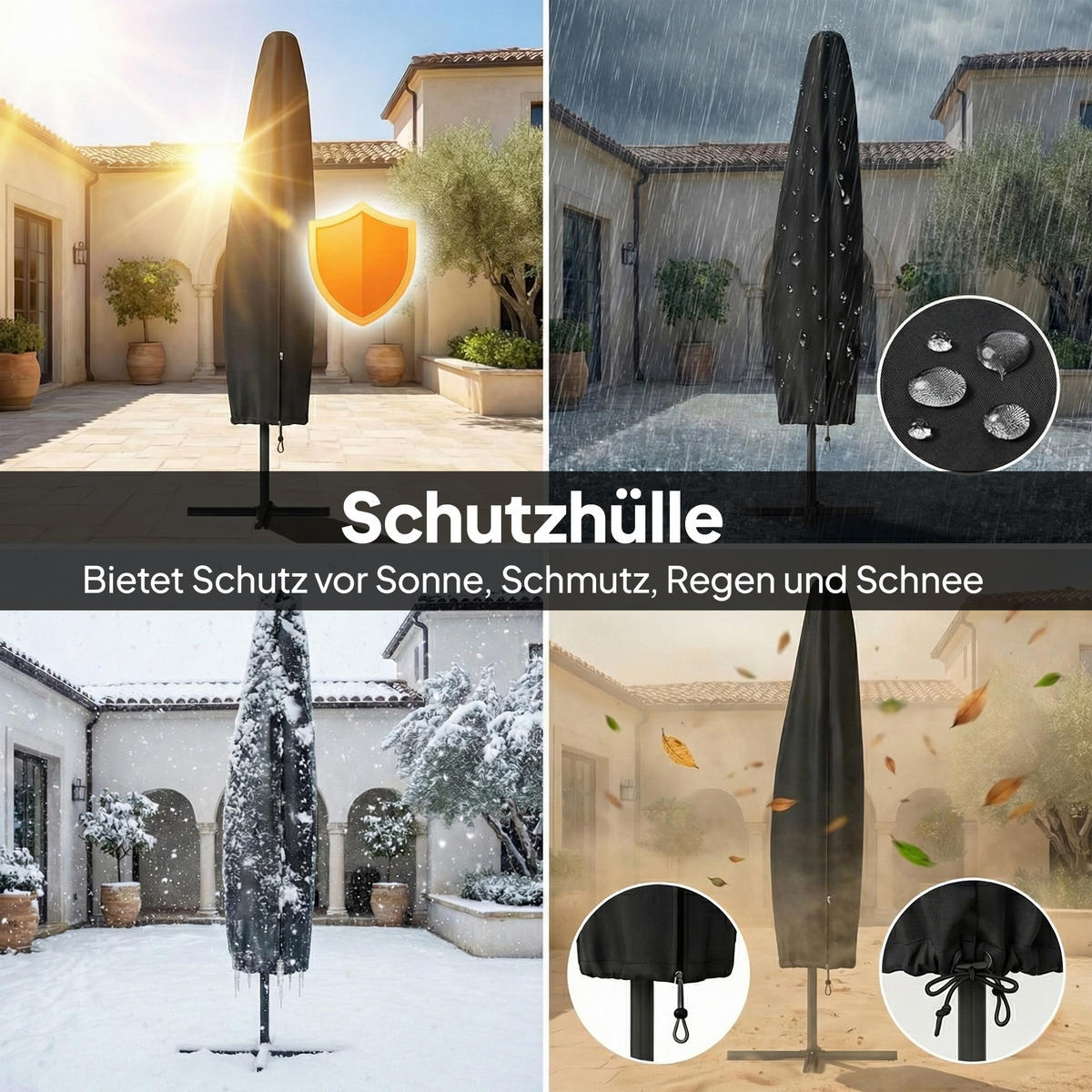 AMPELSCHIRM mit Solar LED aus Polyester Hellgrau Ø300 cm - Hellgrau, Textil/Metall (300/300cm) - Outsunny