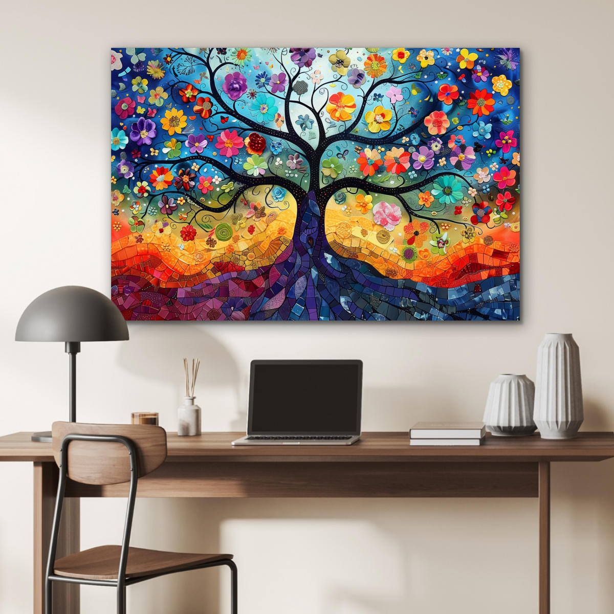METALLBILD Kunst - Baum des Lebens - Blumen - Hippie 120x80 cm - Dunkelblau, Metall (120/80cm) - MuchoWow
