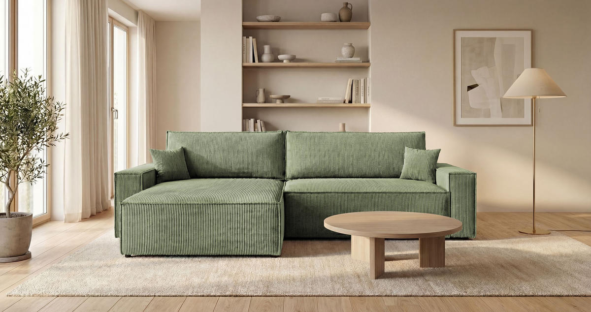 ECKSOFA VIENNA links hellgrün Cord Poso 47 - Schlaffunktion, Bettkasten - Hellgrün, Textil (285/185cm) - Cornero