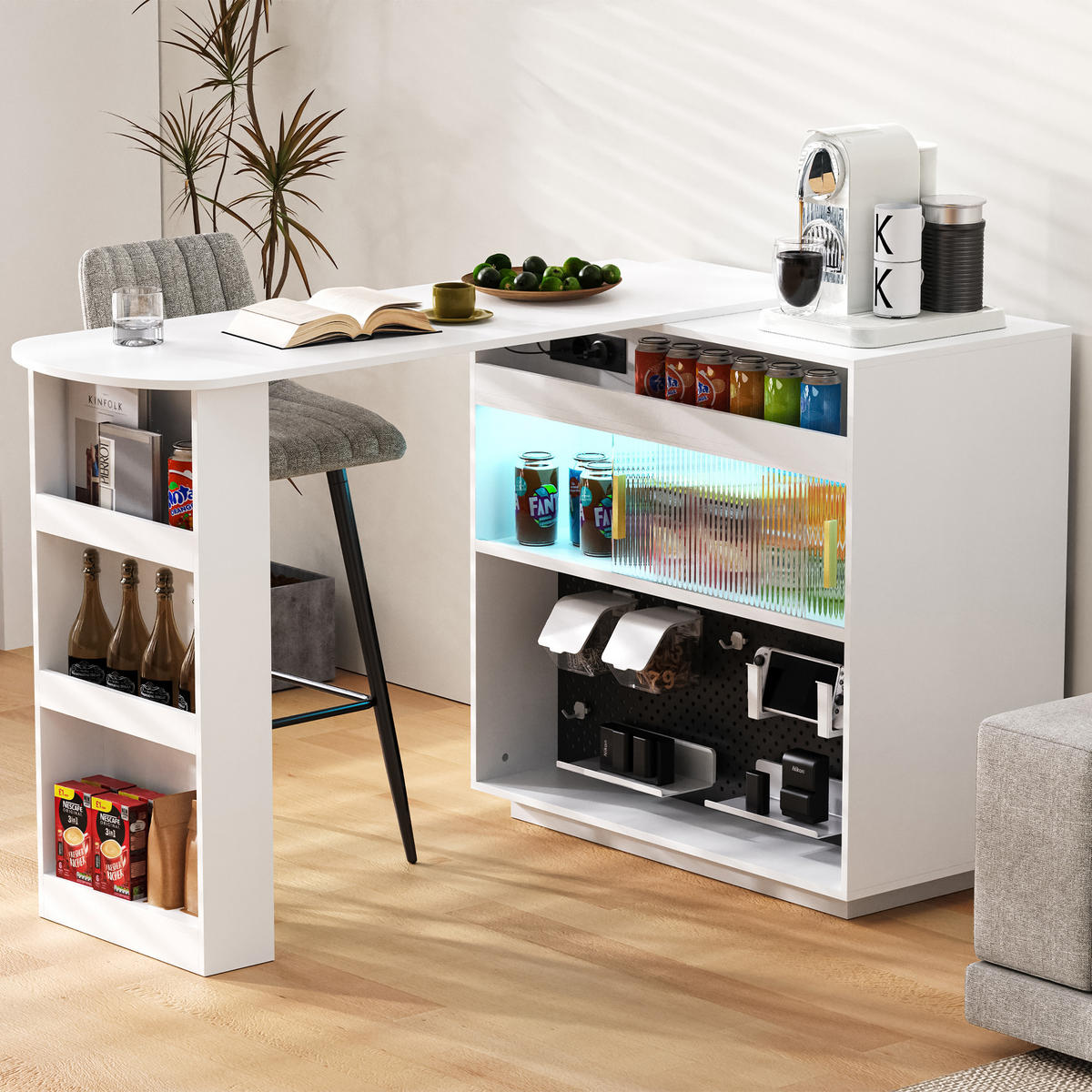 BARTISCH 120/50/95,5 cm in Weiß mit Stauraum, LED und Steckdosen - Weiß, Holzwerkstoff (50/120/95.5cm) - BEAOK